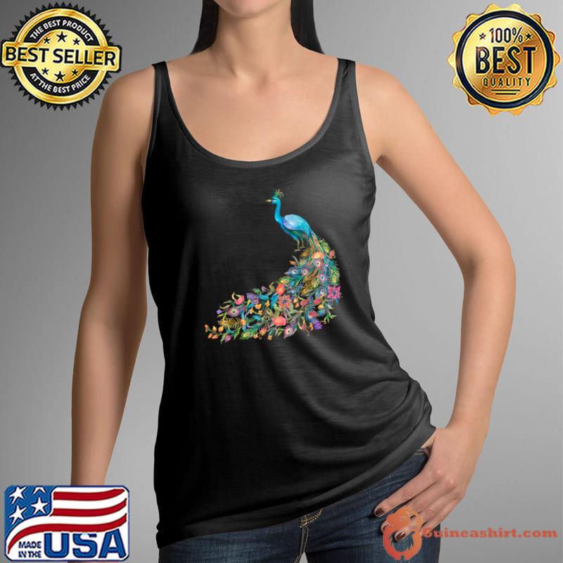 Peacock Graphic Blue Teal Floral Tail Feathers Bird Lover T-Shirt Tank Top