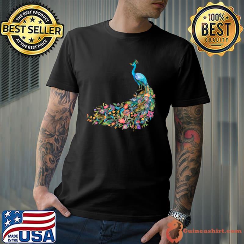 Peacock Graphic Blue Teal Floral Tail Feathers Bird Lover T-Shirt