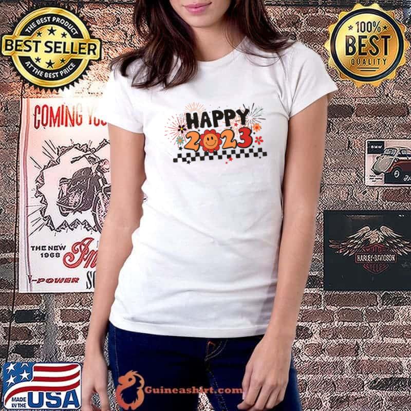 Retro Happy New Year 2023 Groovy Happy Face Fireworks Flower T-Shirt