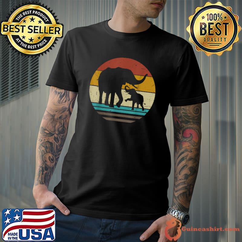 Retro Sunset Cute Elephants Mom Baby Zoologist Birthday T-Shirt