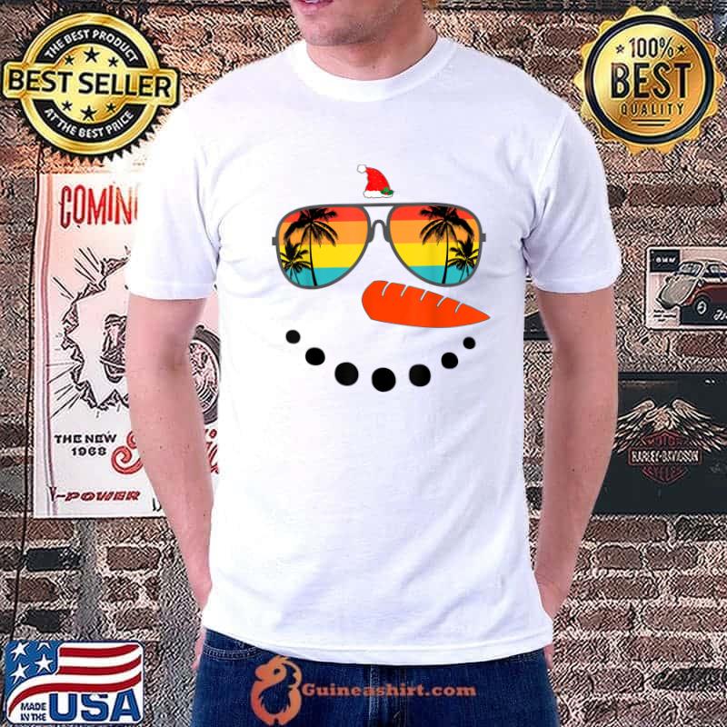 Snowman Face With Nose Carrot Santa Hat And Sunglasses Vintage Palms Tree Christmas T-Shirt