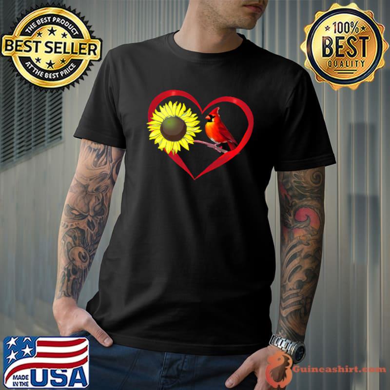 Sunflowers Cardinal Birds Heart Shape Bird Lover T-Shirt