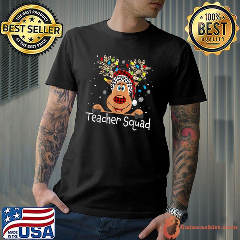 Teacher Squad Reindeer Leopard Lights Teacher Christmas Xmas T-Shirt