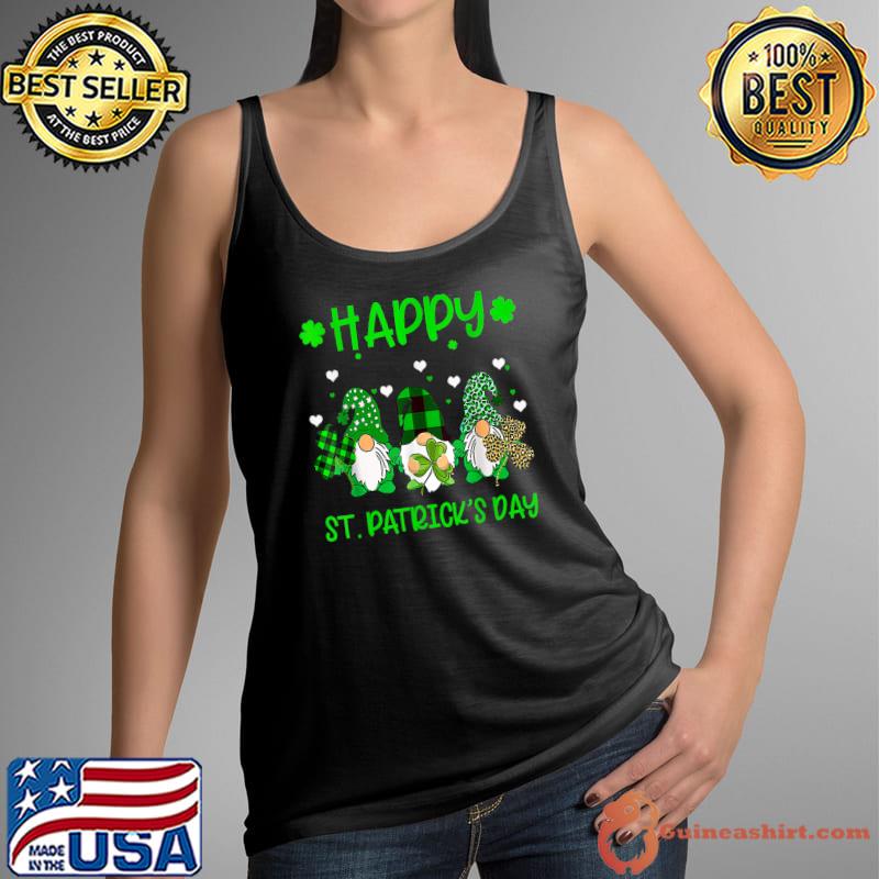 Three Gnomes Holding Shamrock Leopard Plaid Happy St Patrick's Day T-Shirt Tank Top