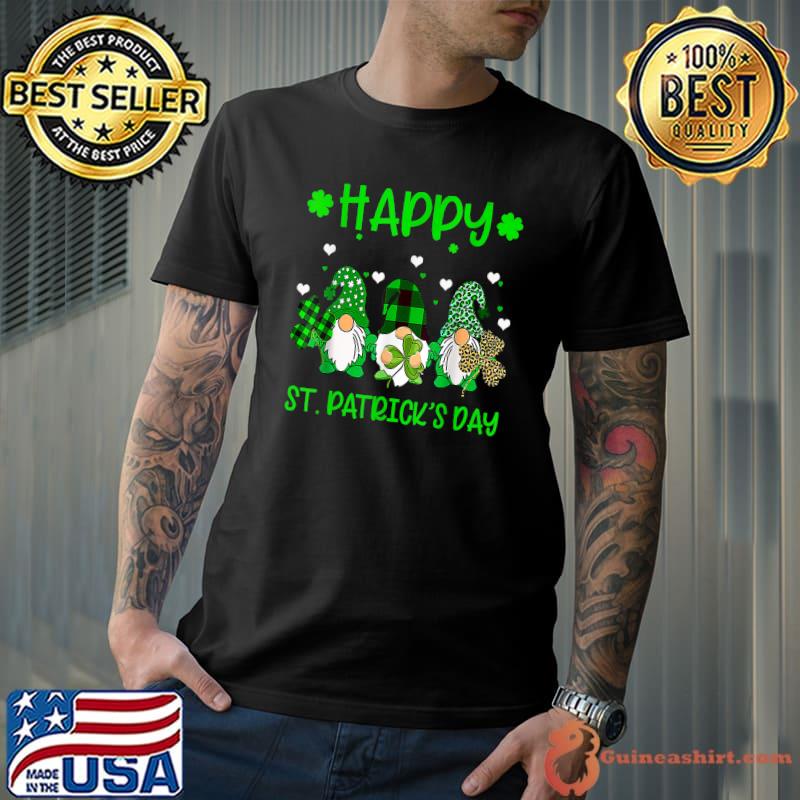 Three Gnomes Holding Shamrock Leopard Plaid Happy St Patrick's Day T-Shirt