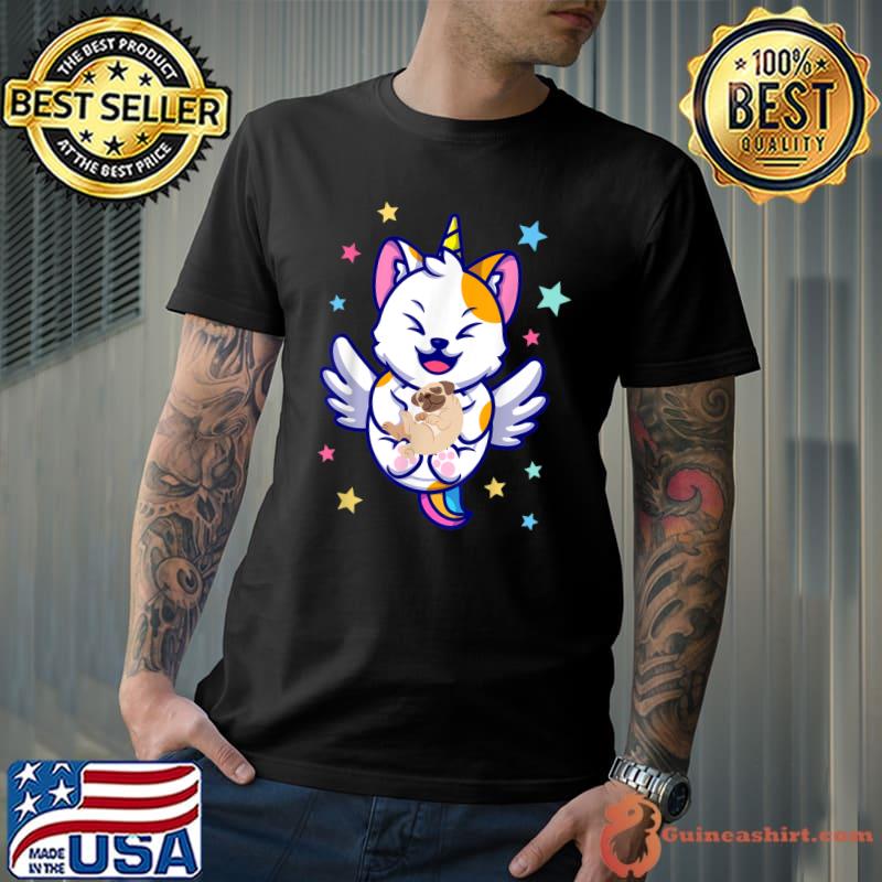 Unicorn Holding Dog Pug Kawaii Anime Japanese Stars T-Shirt