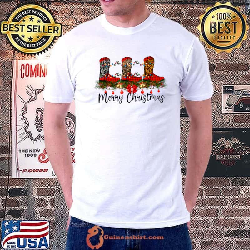 Western Texas Cowboy Boots Rodeo Cowgirl Merry Christmas Lights Leopard T-Shirt