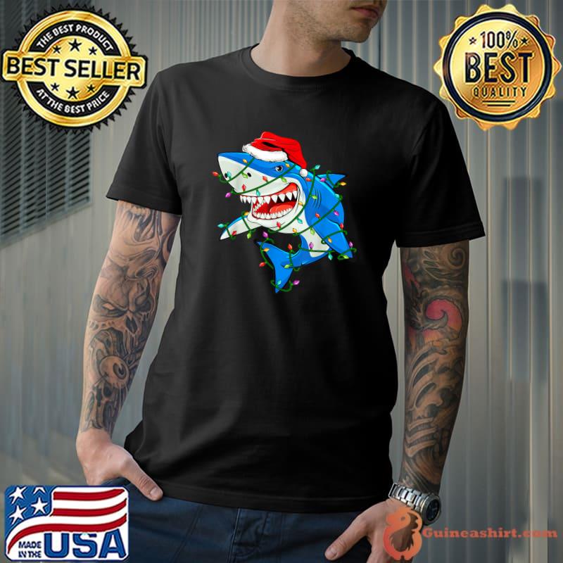 Xmas Shark With Santa Hat And Tree lights Boys Girls Family T-Shirt
