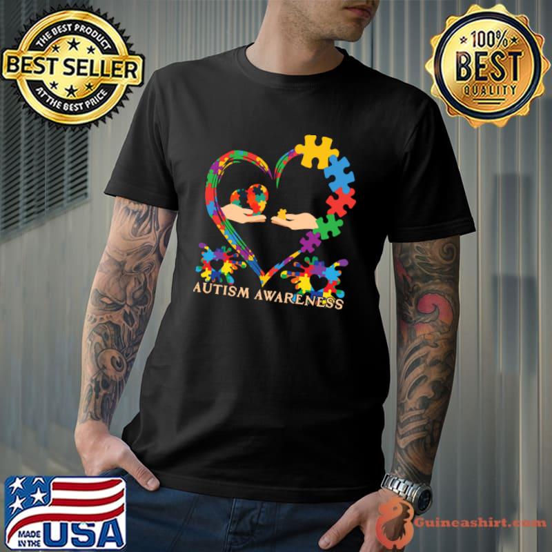 Autism Awareness Hands In Heart Puzzle Pieces T-Shirt