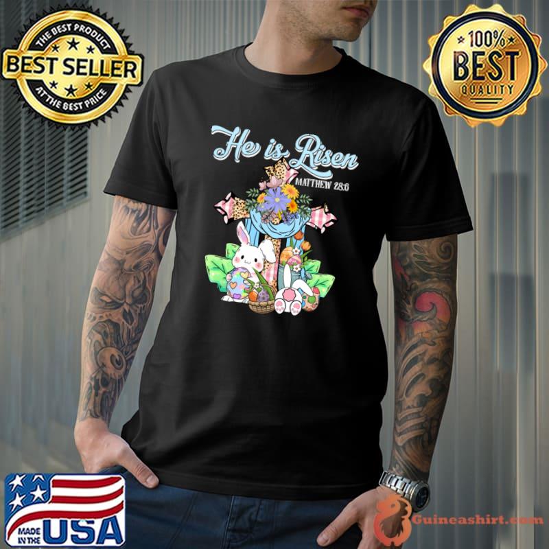 He Is Risen Christian Happy Easter Day Floral Wreath Rabbit Cross Leopard T-Shirt