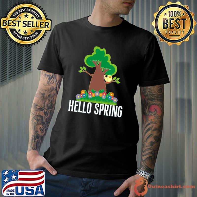 Hello Spring Season Tree Flowers Bird T-Shirt
