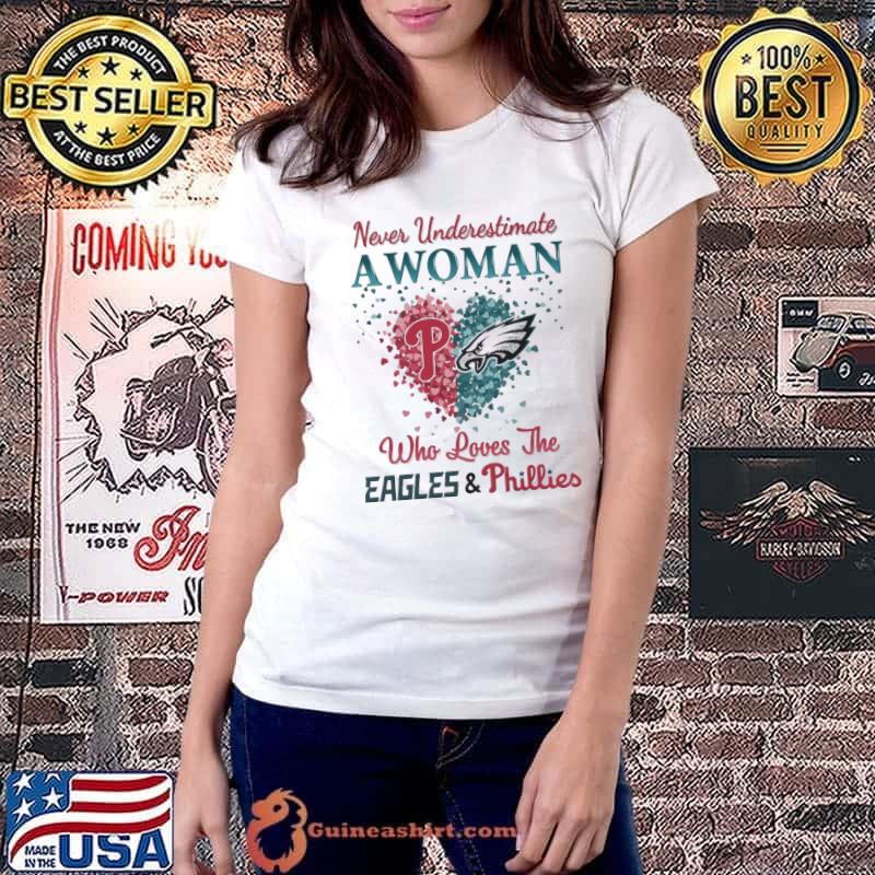 Official philadelphia Phillies and Philadelphia Eagles never underestimate  a woman who loves the eagles & phillies heart Long Sleeve T-Shirt -  PerchPrint