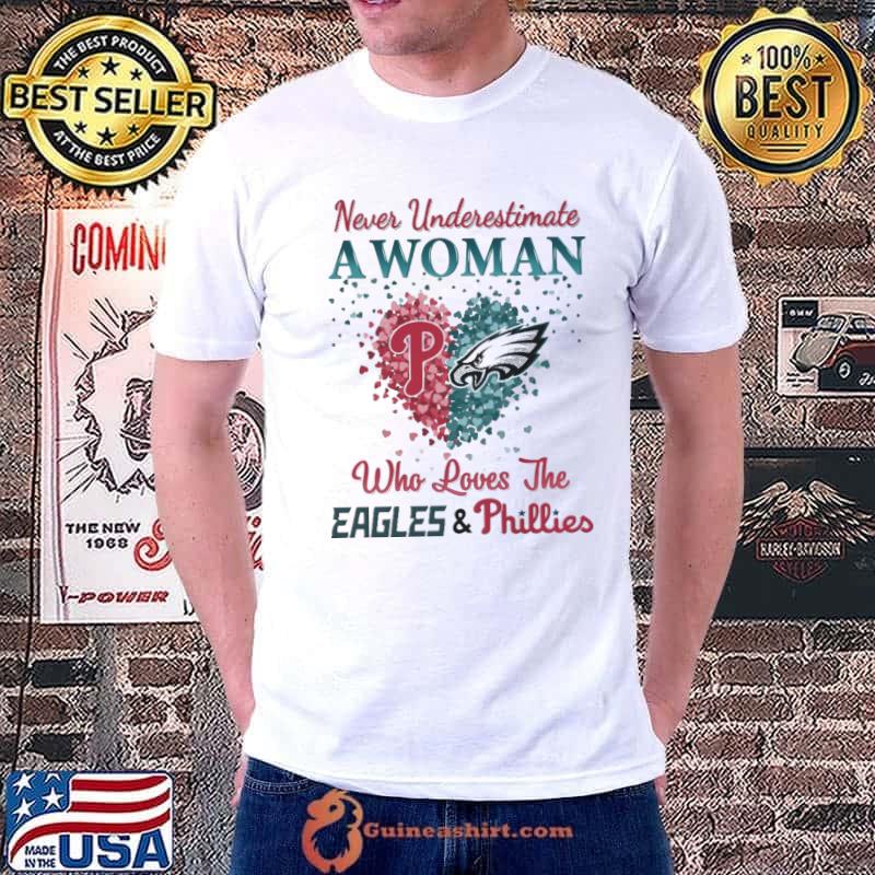 Official philadelphia Phillies and Philadelphia Eagles never underestimate  a woman who loves the eagles & phillies heart Long Sleeve T-Shirt -  PerchPrint