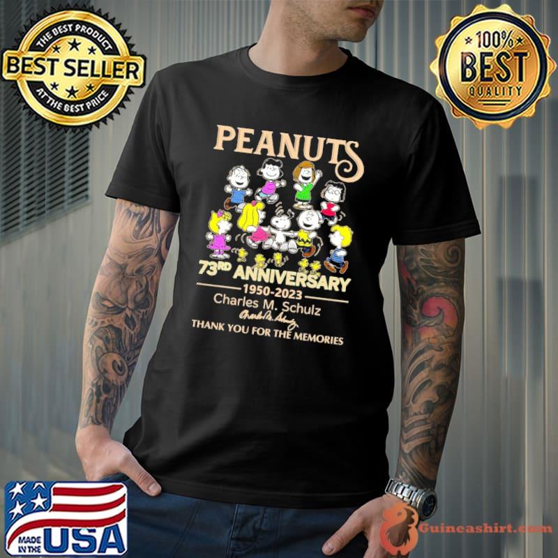Peanuts 73rd anniversary 1950-2023 Charles M.Schulz thank you for the memories signature snoopy woodstocks shirt