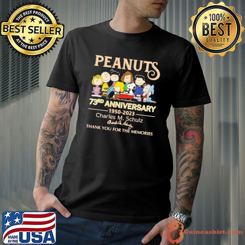 Premium peanuts 73rd anniversary 1950-2023 Charles M.Schulz thank you for the memories signature shirt
