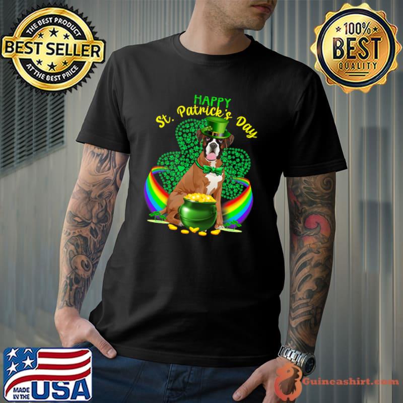 Boxer Happy St Patricks Day Boxer Leprechaun Hat Shamrocks Rainbow T-Shirt