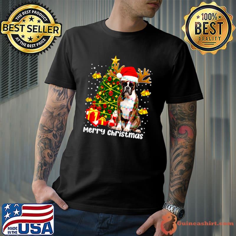 Boxer Santa Christmas Tree Lights Xmas Reindeer T-Shirt