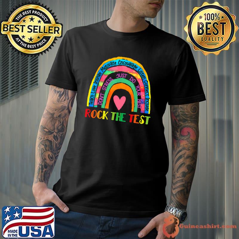 Rock The Test Testing Day Retro Motivational Teacher Student Rainbow Teach Inspire T-Shirt