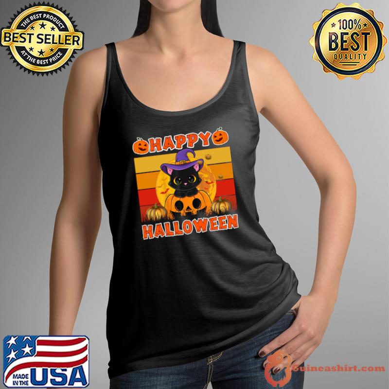 Happy halloween black cat with hat witch pumpkin vintage T-Shirt