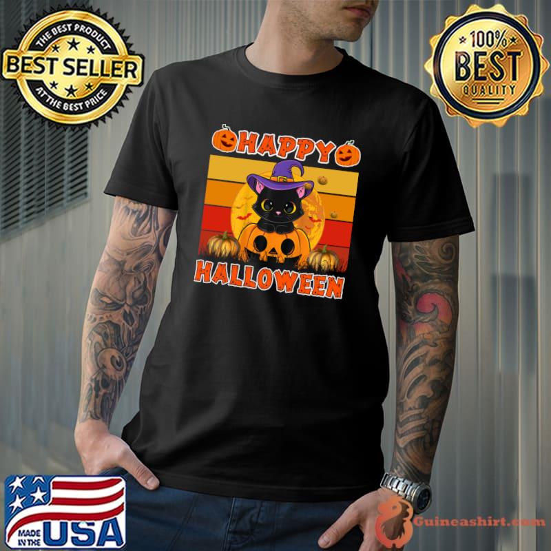 Happy halloween black cat with hat witch pumpkin vintage T-Shirt Unisex