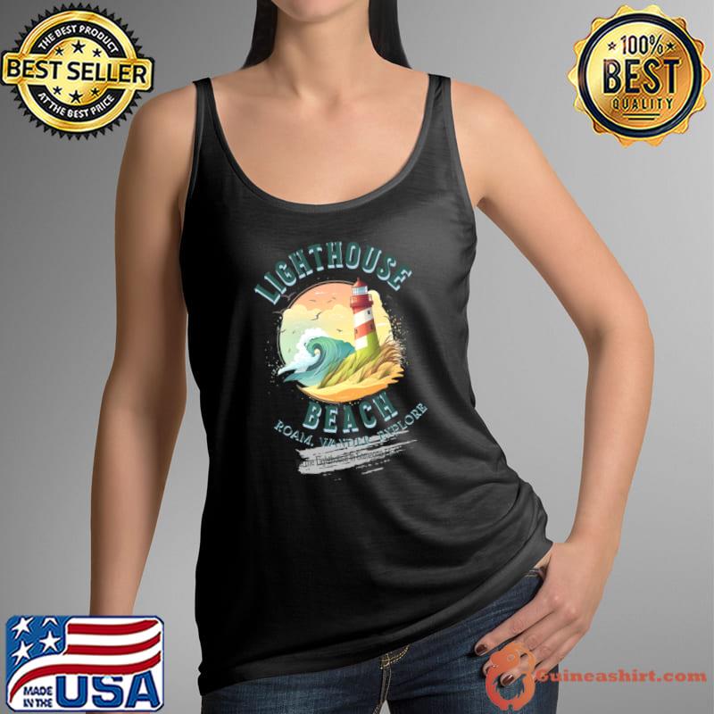 Lighthouse And Ocean Beach Roam Wander Explore Retro T-Shirt