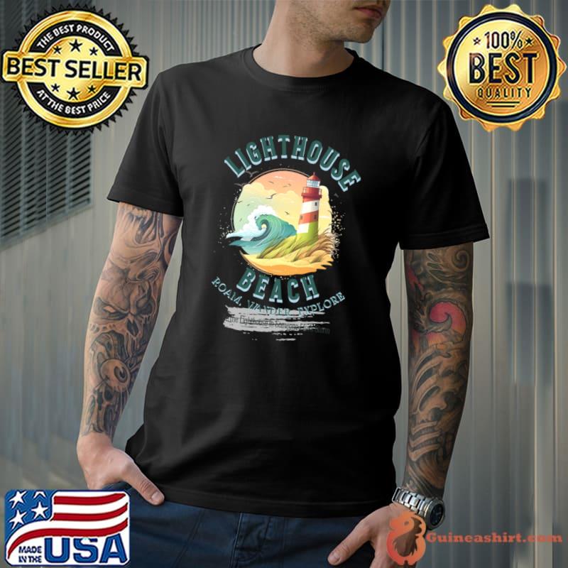 Lighthouse And Ocean Beach Roam Wander Explore Retro T-Shirt Unisex