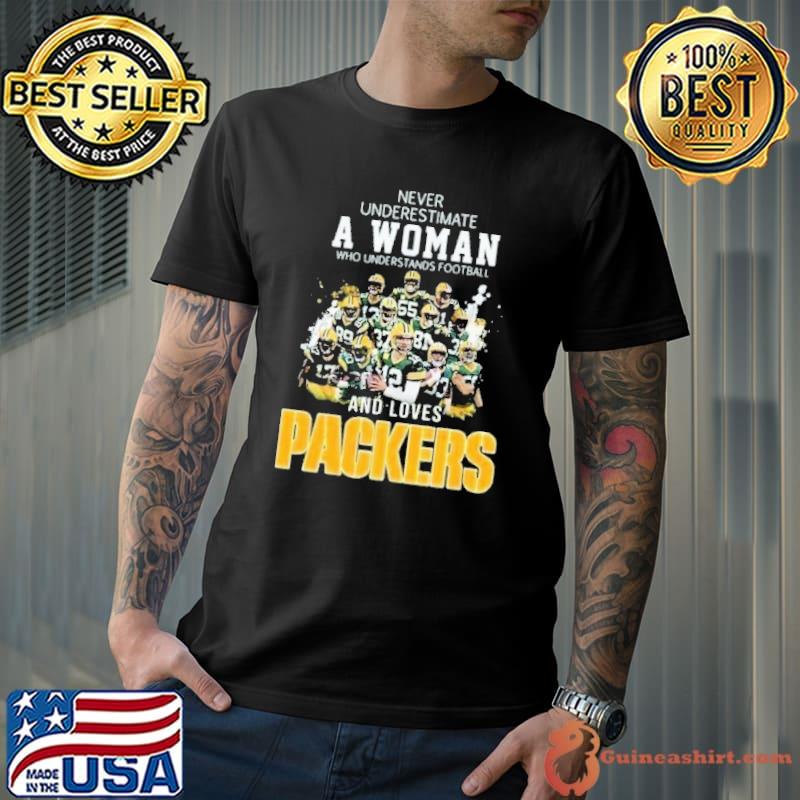 Never underestimate a woman football loves Packers shirt