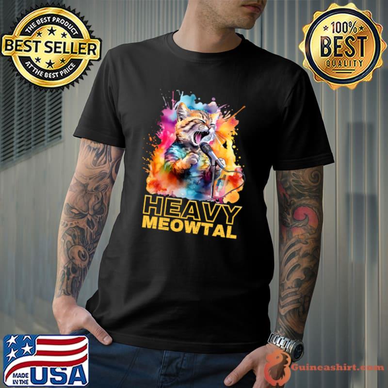 Heavy Meowtal Musician Kitty Singing Microphone Watercolor T-Shirt