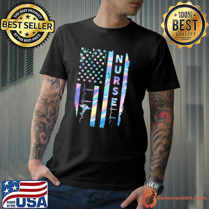 Nurse American Flag Heartbeat hologram Shirt