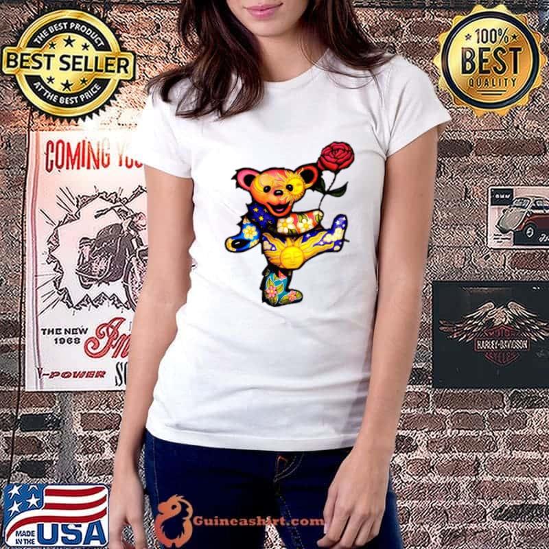 Bear holding rose dead grateful band rock T-Shirt Ladiestee