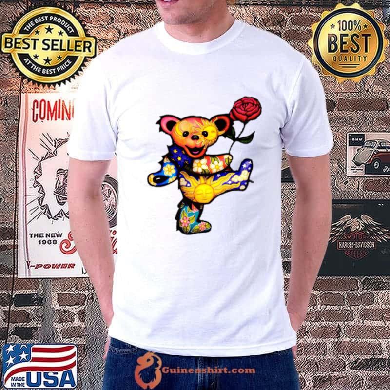 Bear holding rose dead grateful band rock T-Shirt