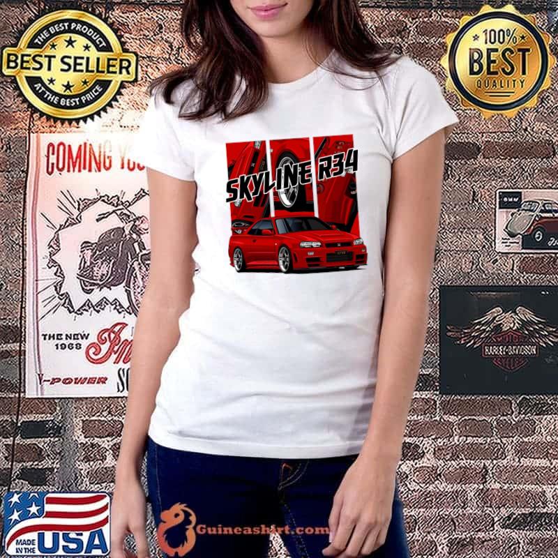 Official nissan Skyline r34 GTR Red, JDM Car T-Shirt Ladiestee