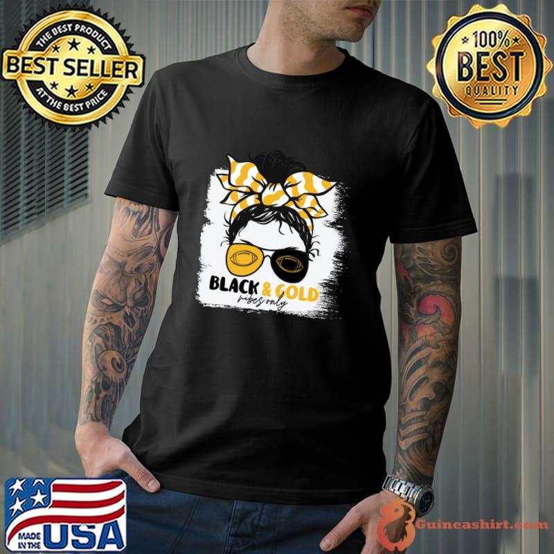 Black and Gold Vibes Only Football Mom Messy Hair Gameday T-Shirt Unisex