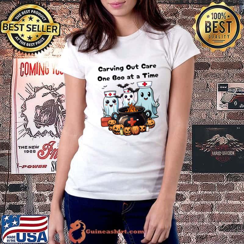 Carving Out Care One Boo at a Time Ghost Nurse Pumpkin Halloween T-Shirt Ladiestee