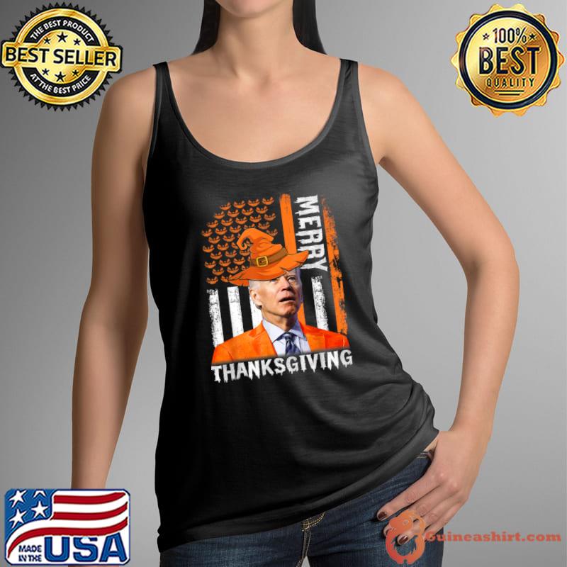 Joe Biden Wear Witch Hat Happy Halloween Merry Thanksgiving US Flag T-Shirt