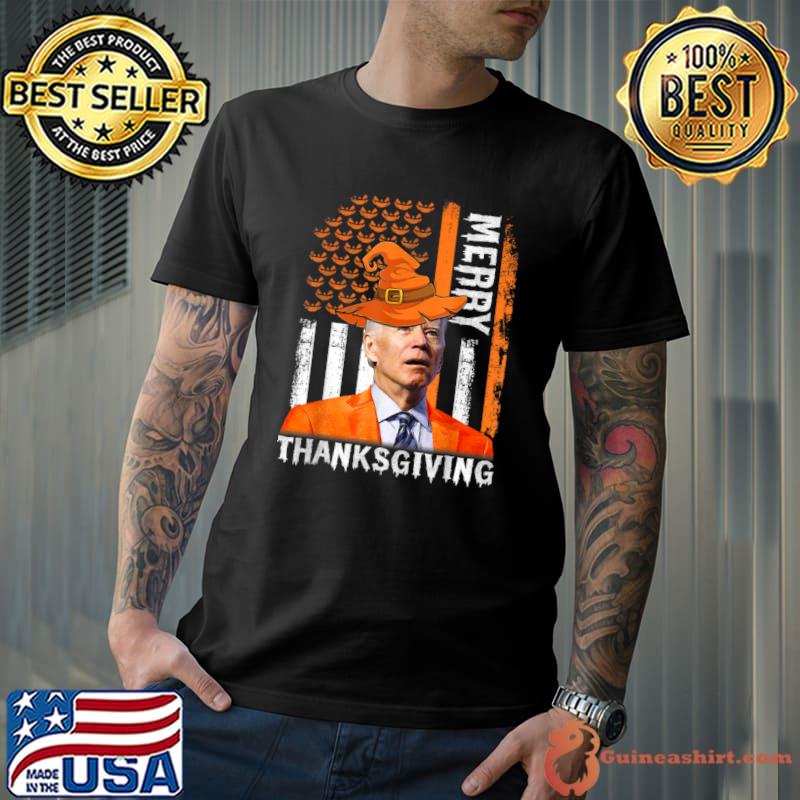 Joe Biden Wear Witch Hat Happy Halloween Merry Thanksgiving US Flag T-Shirt Unisex