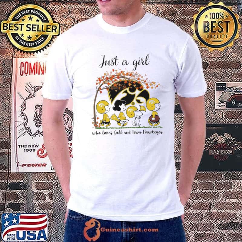 Just A Girl Who Loves Fall and Iowa Hawkeyes Peanuts Cartoon Halloween shirt