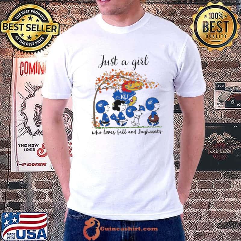 Just A Girl Who Loves Fall and Jayhawks Peanuts Cartoon Halloween shirt