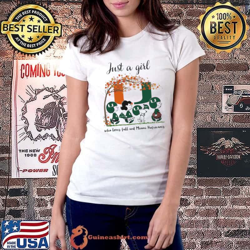Just A Girl Who Loves Fall and Miami Hurricanes Peanuts Cartoon Halloween Shirt Ladiestee