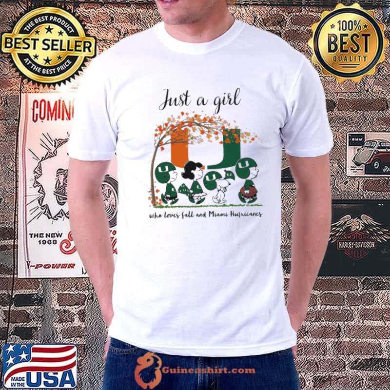 Just A Girl Who Loves Fall and Miami Hurricanes Peanuts Cartoon Halloween Shirt