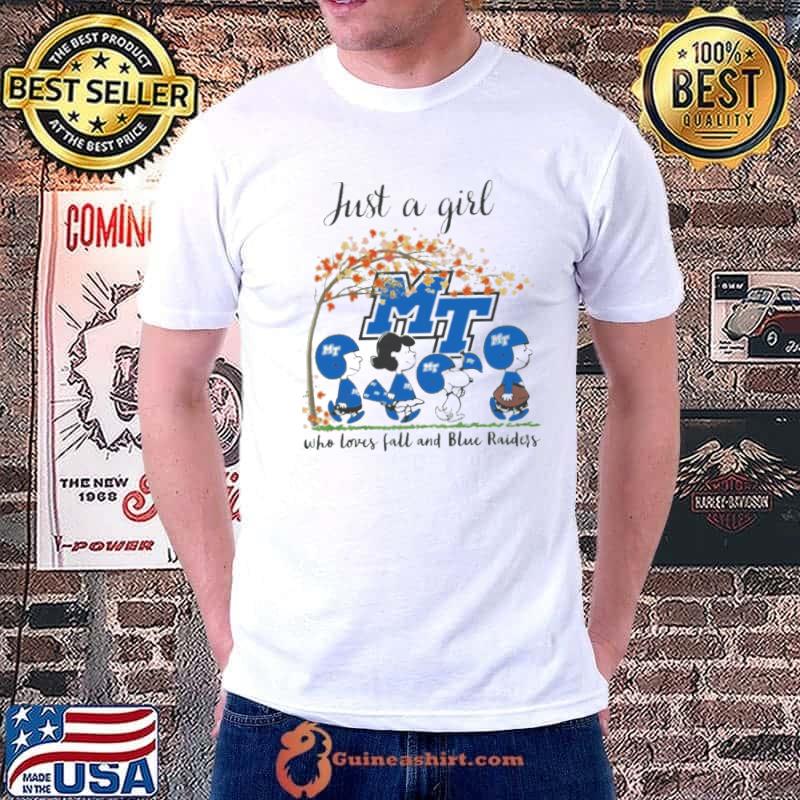 Just A Girl Who Loves Fall and Middle Tennessee Blue Raiders Peanuts Cartoon Halloween shirt