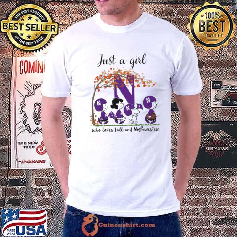 Just A Girl Who Loves Fall and Northwestern Wildcats Peanuts Cartoon Halloween Shirt