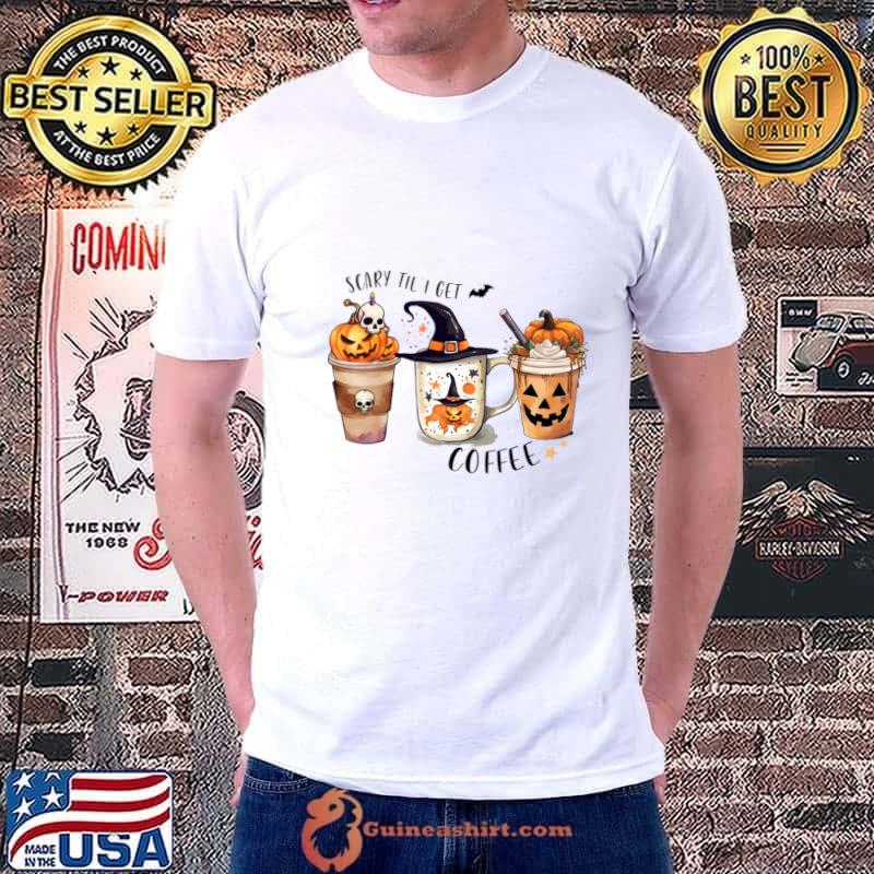 Witch Hat Scary Til I Get Coffee Lovers Pumpkins Bat T-Shirt