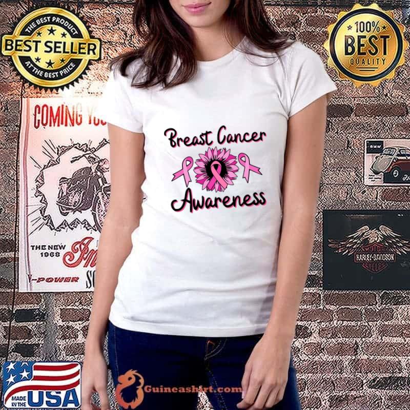 Breast Cancer Awareness Sunflower Ribbon Pink T-Shirt Ladiestee