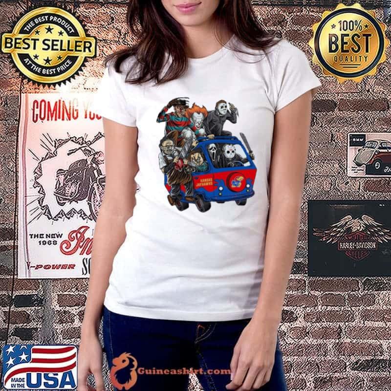 Kansas Jayhawks Horror Movies Characters Bus Halloween 2023 Shirt Ladiestee