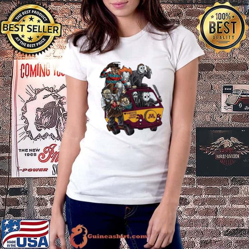 Minnesota Golden Gophers Horror Movies Characters Bus Halloween 2023 Shirt Ladiestee