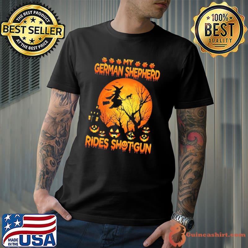 My German Shepherd Rides Shotgun Witch Pumpkin Halloween shirt