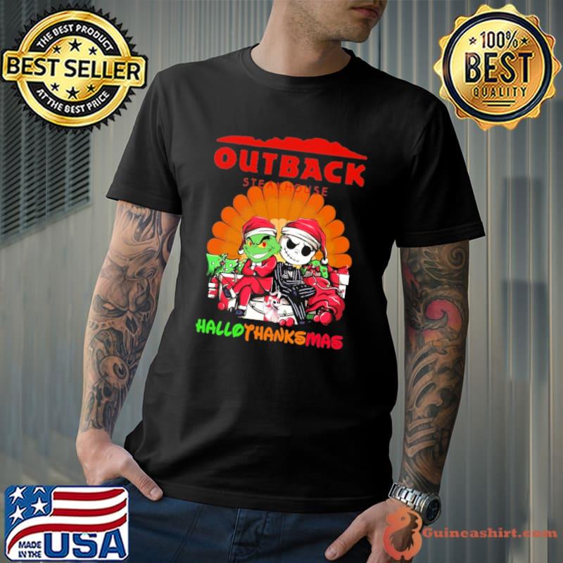 Outback Steakhouse hallothanksmas grinch and jack skellington shirt