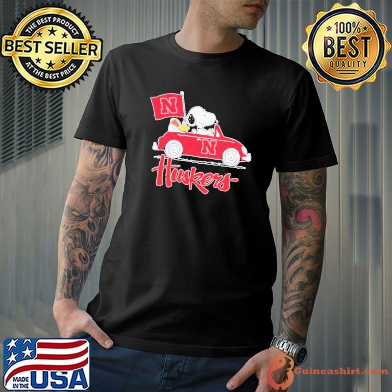 Snoopy and Woodstock driving car Huskers shirt
