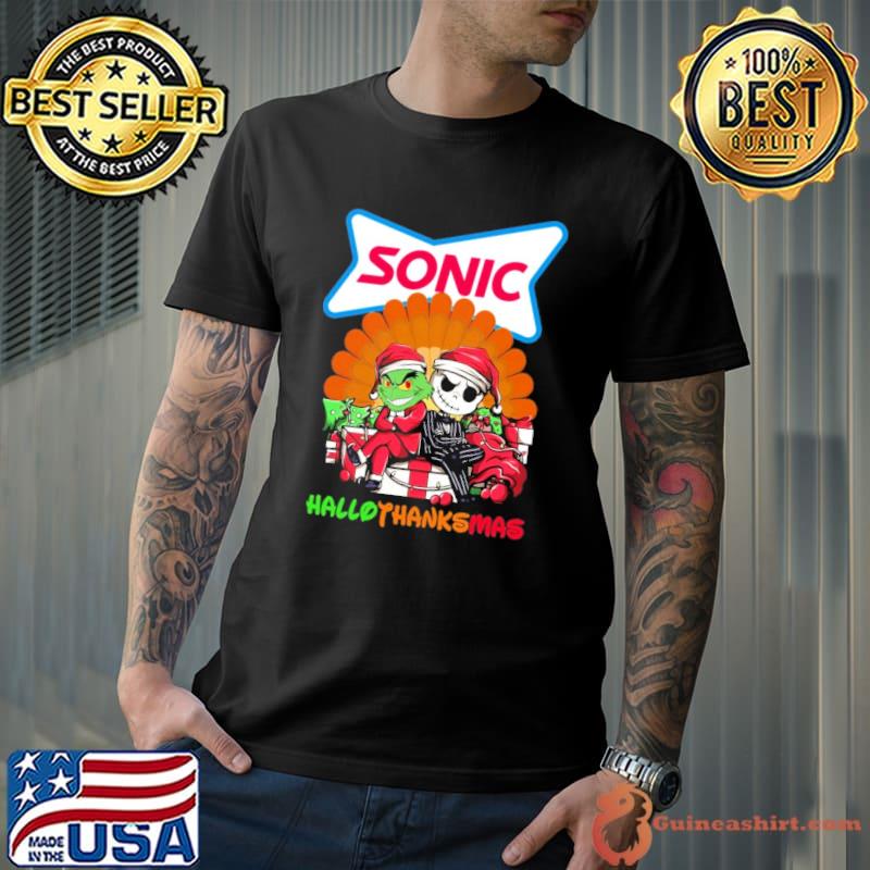 Sonic hallothanksmas Grinch And Jack Skellington Santa shirt